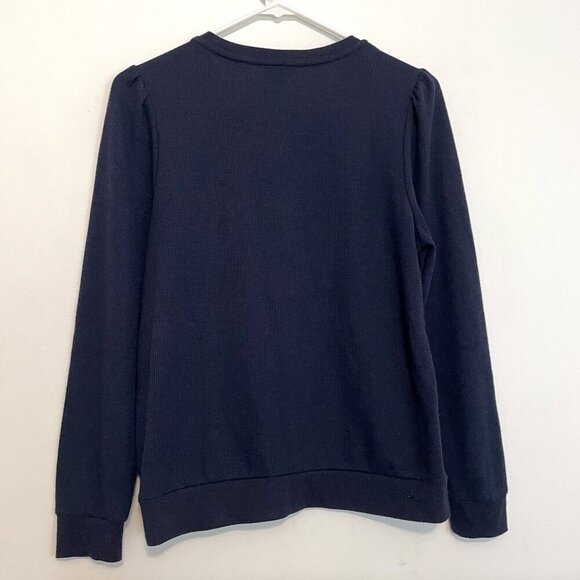 SPLENDID ANTHROPOLOGIE ANTHRO Waffle Mixed Puff Sleeve Top Navy Blue Henley Knit - Picture 11 of 14